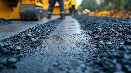 Workers and heavy machinery are laying fresh asphalt on a sunny city street