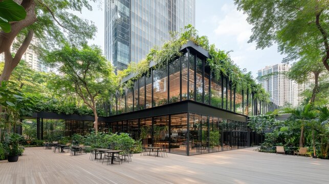 Urban Oasis: A Modern Glass Pavilion nestled in Lush Greenery