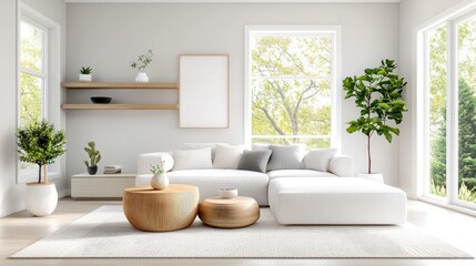 Fototapeta premium Cozy living room with a soft, neutral-toned rug featuring geometric designs.