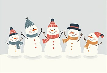 Happy Snowmen in Winter Wonderland with Vibrant Accessories, Minimalist Flat Illustration on Grey Backdrop