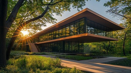 Modern glass house nestled among trees with sunset illumination