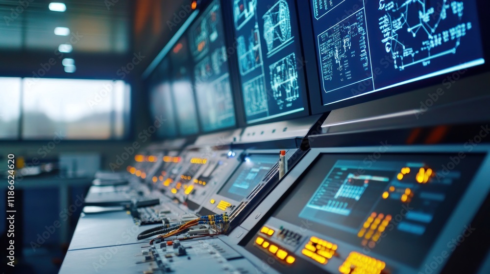 Poster high-tech control room: futuristic interface and monitoring system