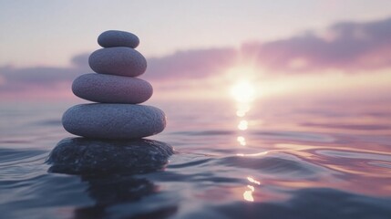 Zen at Sunset: A serene stack of smooth stones, balanced precariously in the rippling water, creates a tranquil moment amidst the fiery hues of a setting sun.