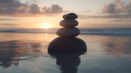 Zenith of Tranquility:  A perfectly balanced stack of smooth, grey stones stands steadfast against the backdrop of a serene sunset, reflecting the golden light in the calm waters.