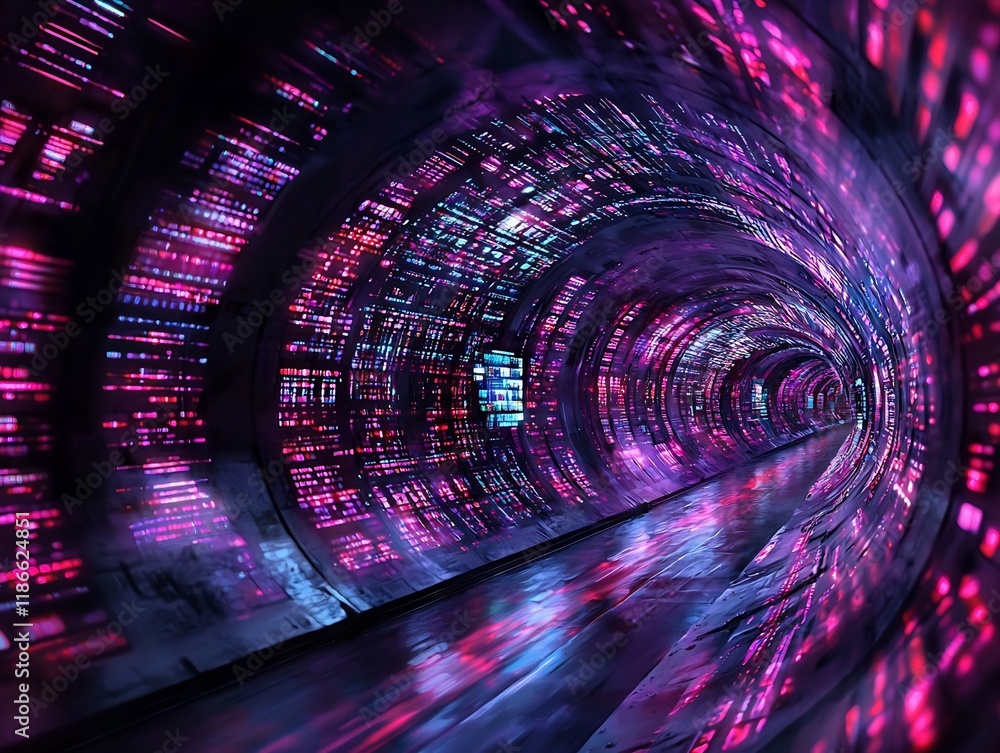 Poster vibrant abstract digital tunnel showcasing a futuristic city with luminous geometrical structures sh