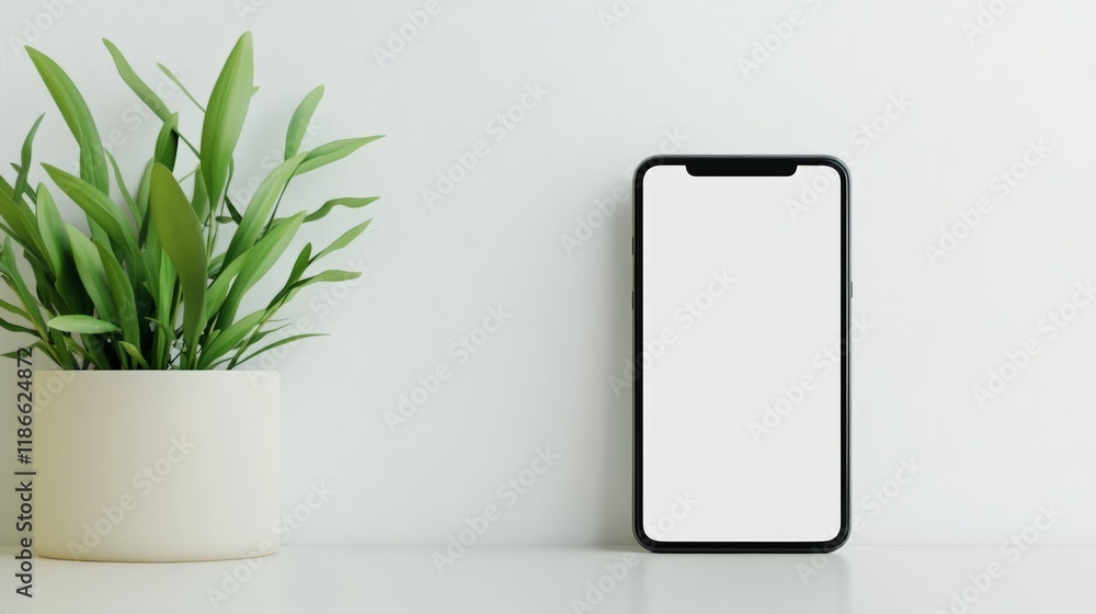 Poster Modern smartphone with blank white screen displaying on table next to potted plant against white wall, creating minimalist and stylish workspace for showcasing mobile apps or website designs