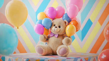 A teddy bear sitting on a table, holding a mix of pink, blue, yellow, and orange balloons, with a colorful, abstract background of circles and zigzag patterns. 