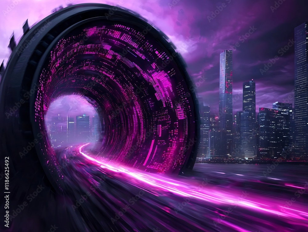 Poster luminous tunnel cutting through a dazzling neon lit futuristic cityscape enveloped in an energy fiel
