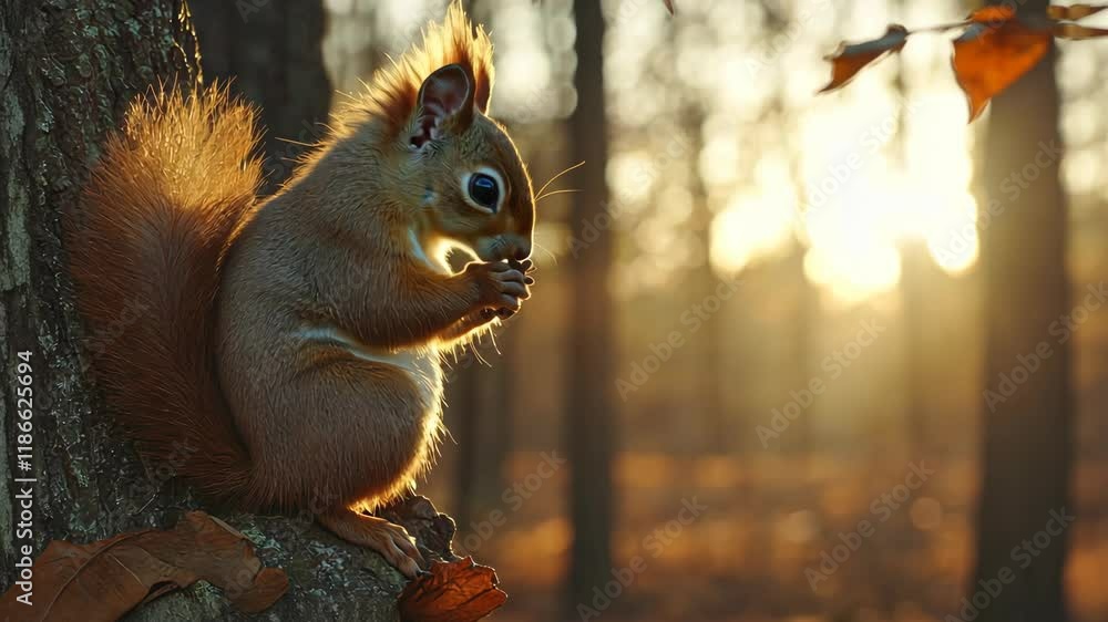 Poster squirrel enjoying a snack while perched on a tree at sunset in a tranquil forest setting