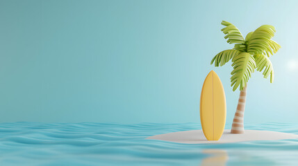 Obraz premium vibrant summer paradise scene featuring palm tree and yellow surfboard on sandy island. crystal clear water and bright blue sky create serene atmosphere