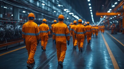 Obraz premium Workers in helmets and orange overalls shine under bright lights