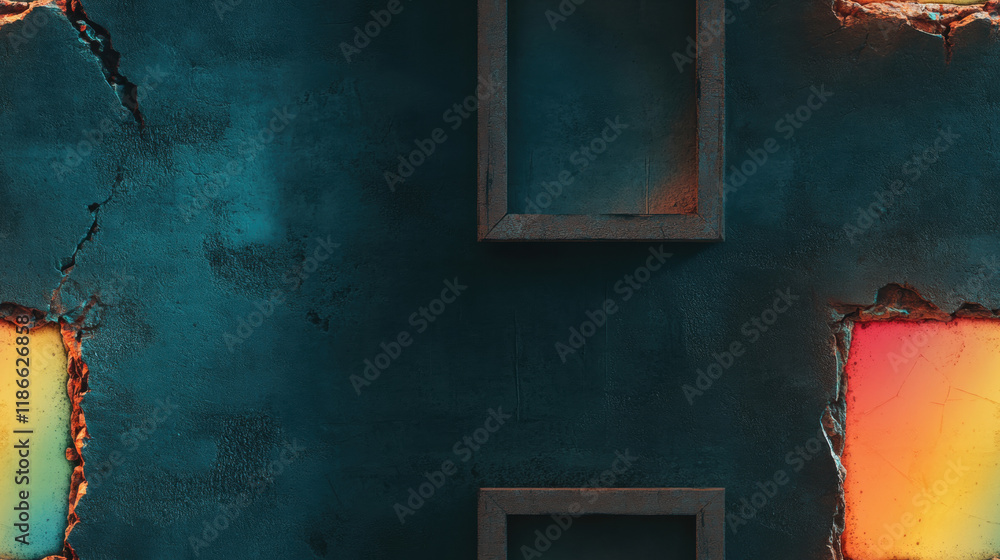 Poster seamless rainbow, grunge, abstract textured background featuring glowing frames in a dark setting, e