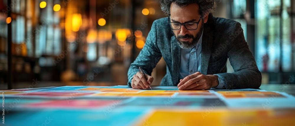 Aufkleber a man analyzing colorful prints on a table in a creative workspace.