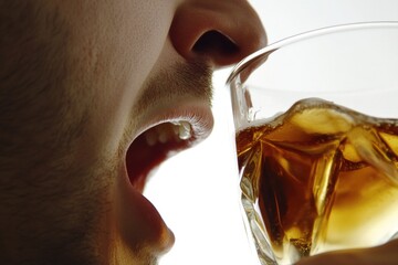 Close-up shot of a person taking a sip from a glass of beer