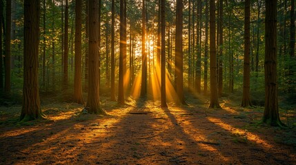 Fototapeta premium Serene Sunlight Streaming Through Tall Trees in Lush Forest