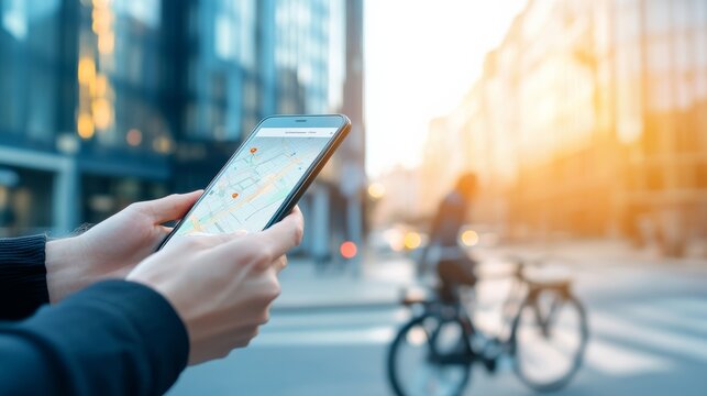Businesswoman using a navigation app on her smartphone while navigating the bustling city center, with a blurred cyclist passing by on a sunny day filled with vibrant urban life