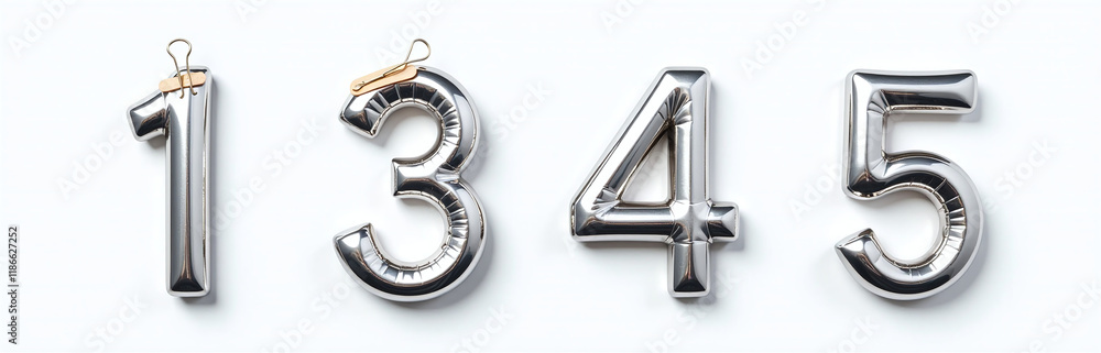 Aufkleber isolated on a white background are three and four numbers in shiny silver color with paper clip, cli