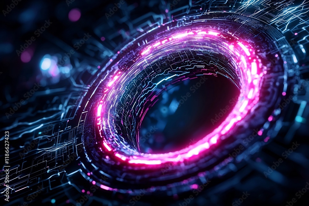 Poster mesmerizing light vortex enshrouded in shimmering quantum glitches with prismatic energy surges and 