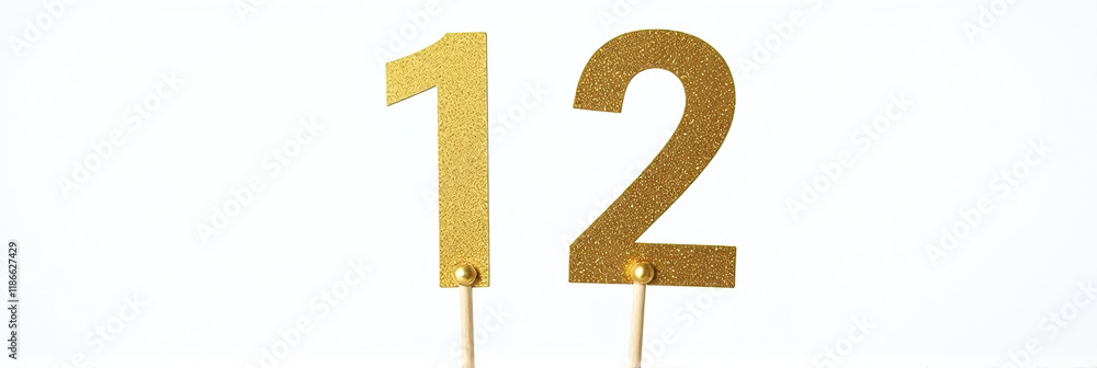Poster isolated golden numbers one and two on a stick with shiny paper topper on white background, clipping