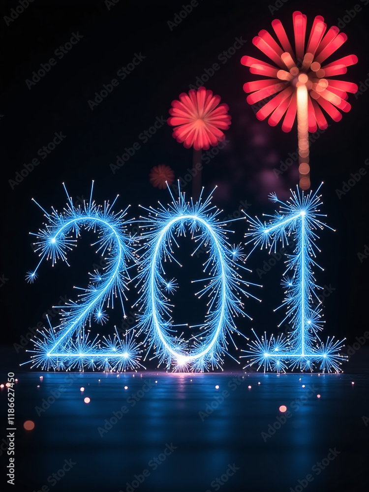 Aufkleber isolated numbers set with a blue sparkler effect against a black background while fireworks burn in 