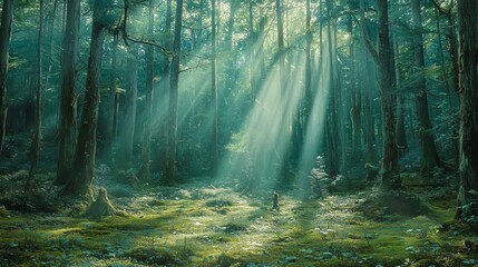 Fototapeta premium Serene Sunlight Filtering Through Lush Green Forest Canopy