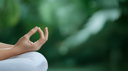 close up of hands in mudra position, symbolizing peace and meditation, set against serene green background. This evokes tranquility and mindfulness