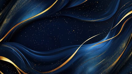 Abstract navy blue and gold luxury wavy background with glitter.