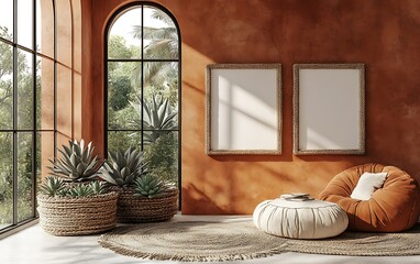 Sunlit room, boho decor, tropical view, relaxing space, interior design