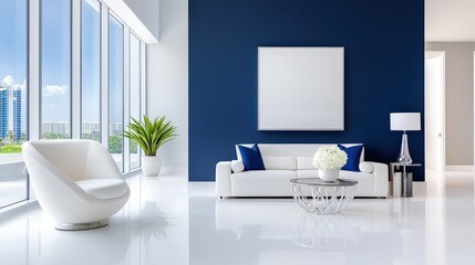 Navy blue accent wall paired with white minimalist furniture creates a striking and balanced aesthetic.
