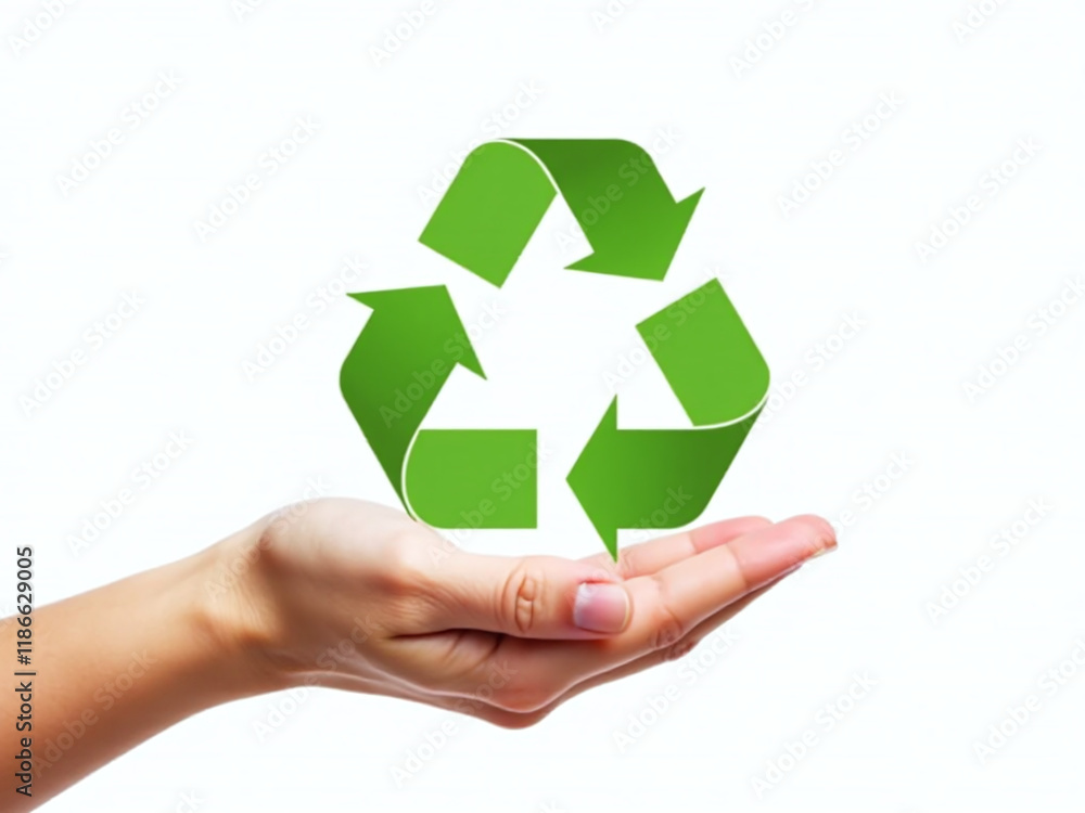 Poster image of hand holding a recycled green symbol on white background with ample space for text overlay.