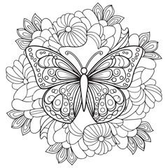 Butterfly and blooming flower hand drawn for adult coloring book