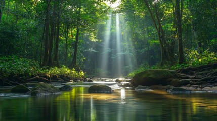 Serene Jungle Stream with Sunlight Beaming Through Lush Canopy