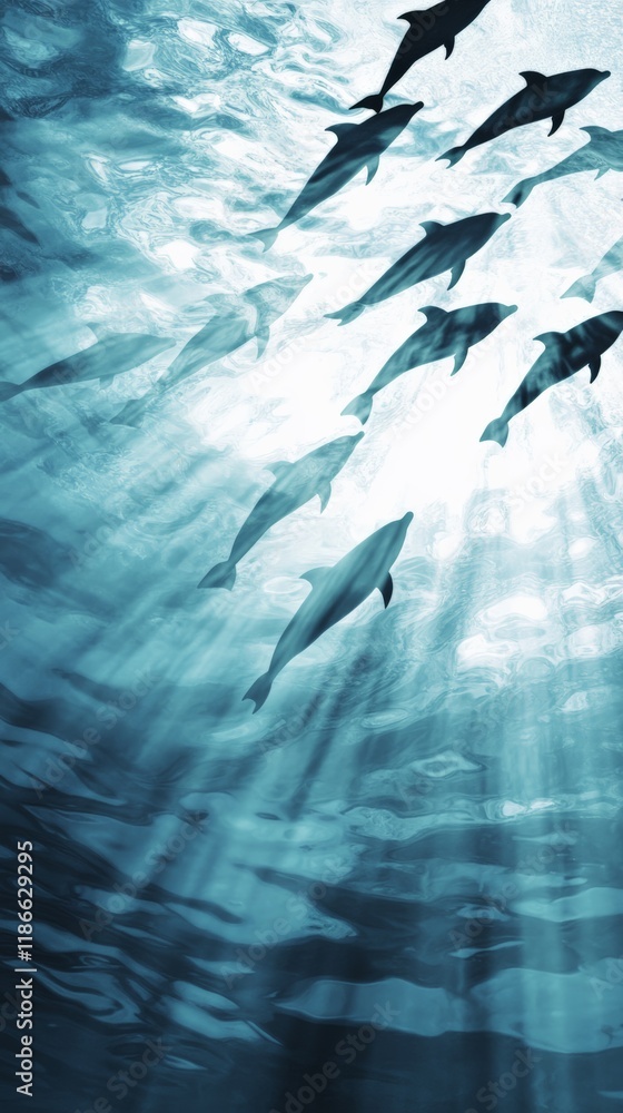 Poster sunbeams filtering through rippling water surface illuminating a pod of dolphins swimming gracefully