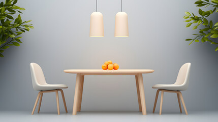 minimalist dining area featuring wooden table, two sleek chairs, and pendant lights. warm ambiance is enhanced by bowl of oranges, creating cozy atmosphere