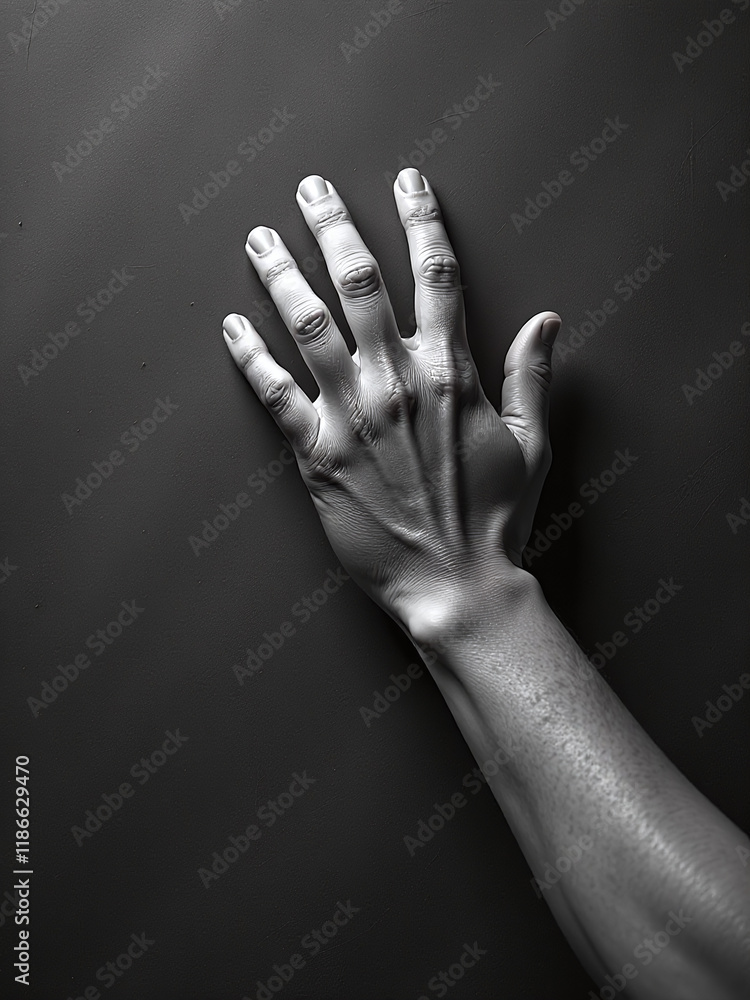 Poster image of a hand praying with fingers reaching for light on a textured black and white paper backgrou