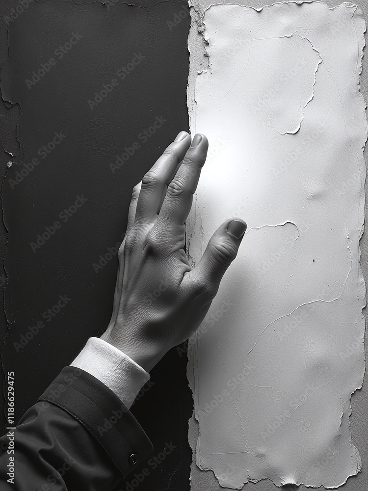 Poster image of a hand praying with fingers reaching for light on a textured black and white paper backgrou