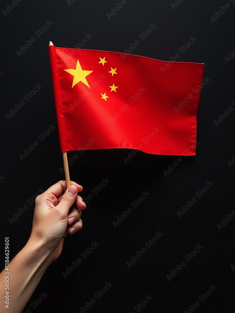 Poster Image Of A Hand Holding A Chinese Flag On A Textured Black Background With Plenty Of Space For Copying Text. 00001
