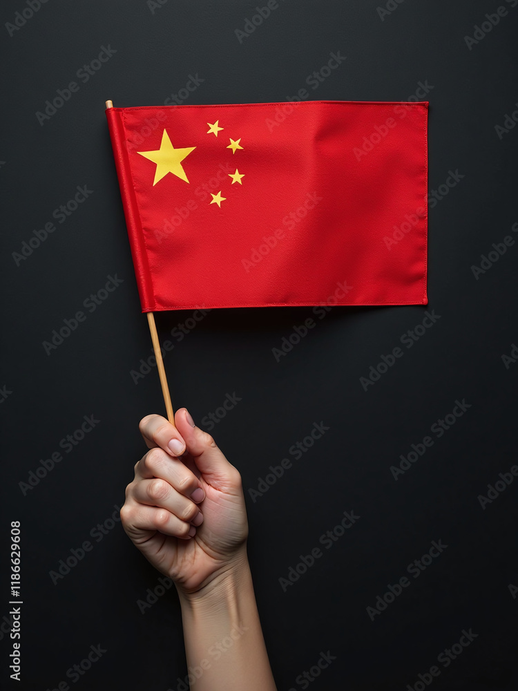 Aufkleber image of a hand holding a chinese flag on a textured black background with plenty of space for copyi