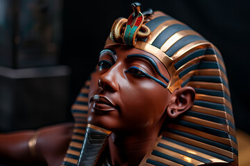 A woman with gold and blue face paint and a gold headdress