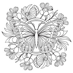 Butterfly and blooming flower hand drawn for adult coloring book