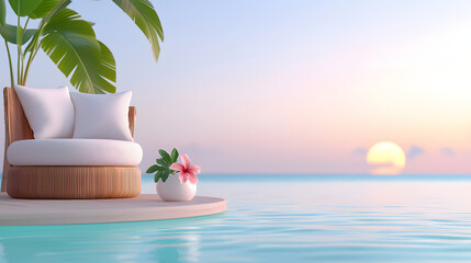 Obraz premium serene tropical scene featuring cozy lounge chair by water, adorned with flower pot, perfect for relaxation at sunset. calm water reflects warm colors of sky