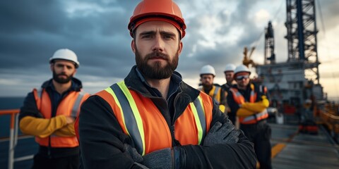 Fototapeta premium Confident oil rig workers, arms crossed, serious expressions, offshore platform background.