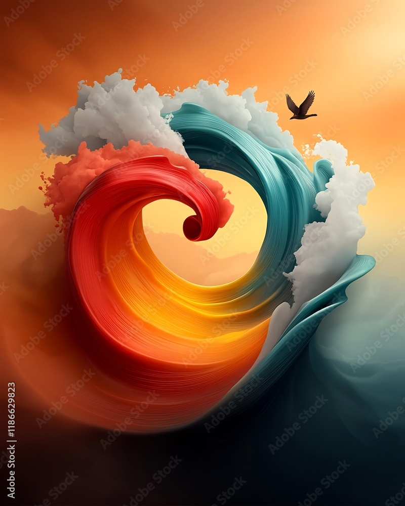 Poster captivating wavy forms in mesmerizing iridescent hues portrayed with a lustrous shimmering through t