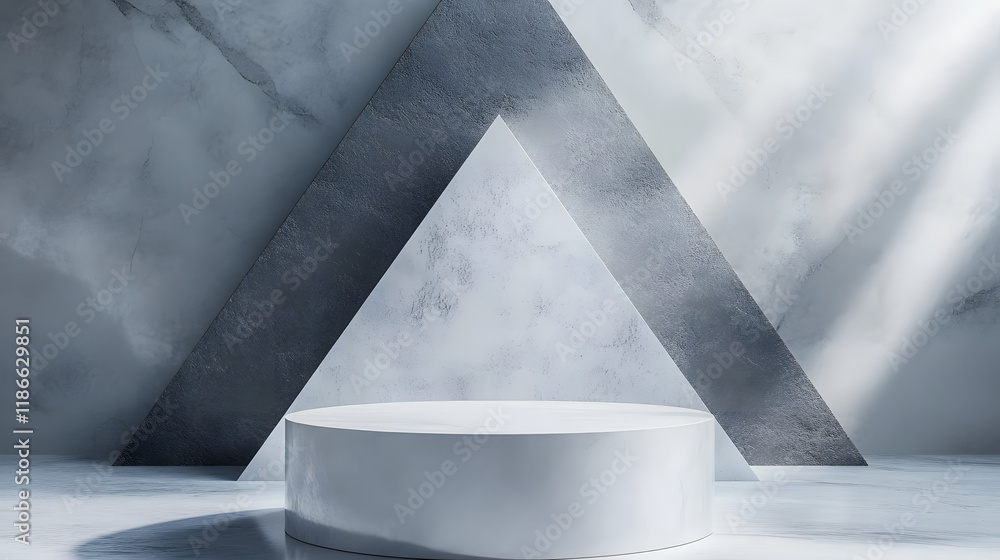 Poster elegant 3d white and gray cylinder stand podium with overlapping triangles perfect for product displ