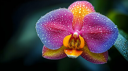Close-up of a vibrant orchid flower covered in morning dew, showcasing its colorful petals and intricate details