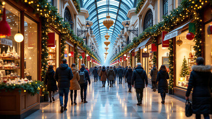 Fototapeta premium A vibrant shopping arcade adorned with festive decorations, bustling with holiday shoppers during Christmas season.