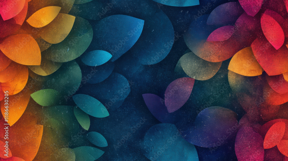 Poster seamless rainbow, grunge, colorful abstract background with layered leaf-like shapes in vibrant hues