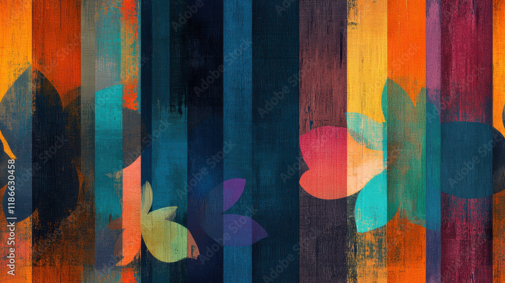 Poster seamless rainbow, grunge, colorful abstract artwork with overlapping shapes and bold vertical stripe