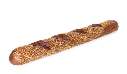 One fresh baguette with sesame isolated on white