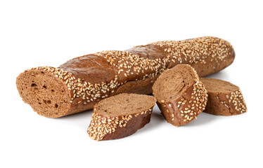 Cut fresh baguette with sesame isolated on white